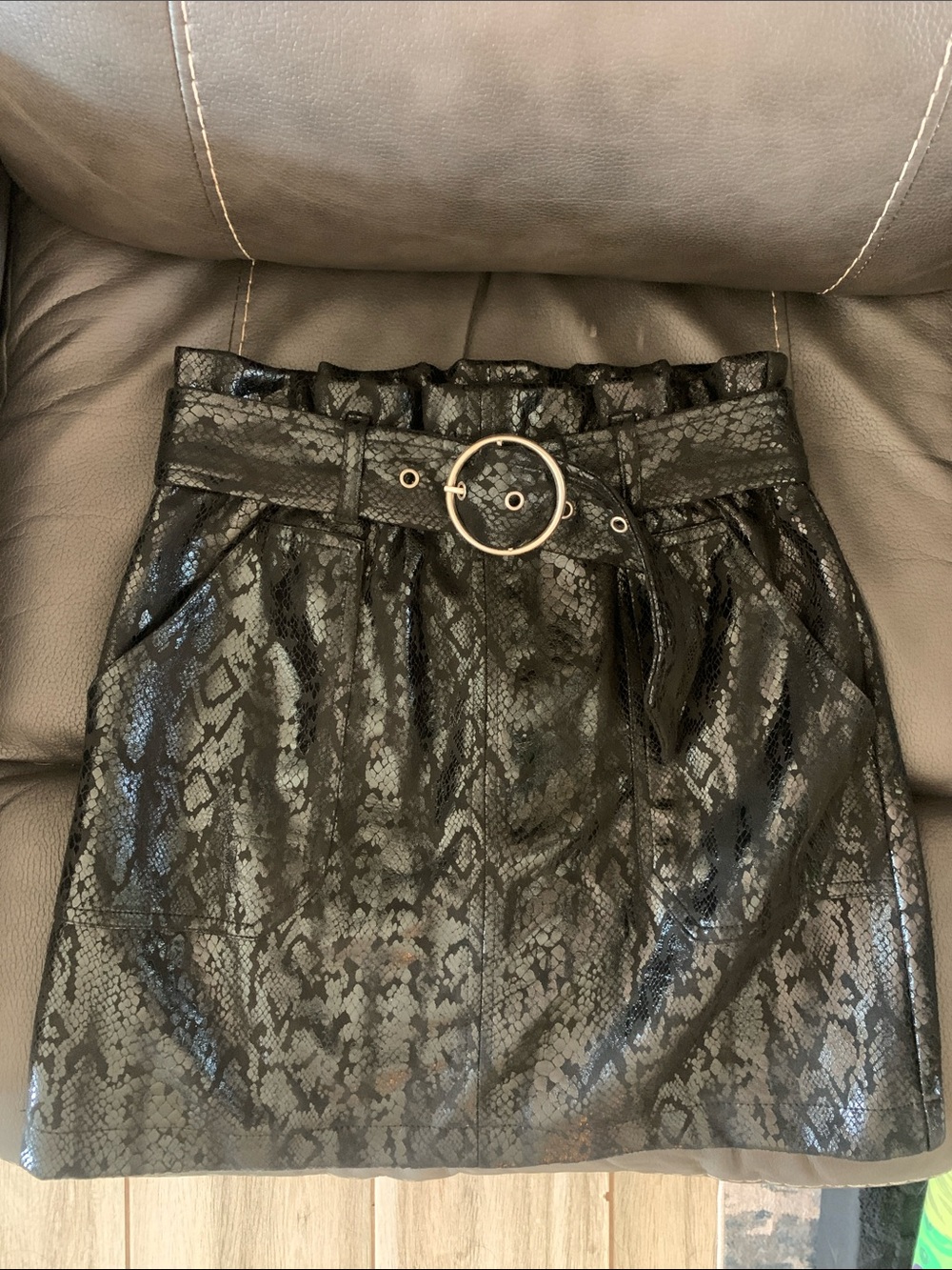 Haute Monde Black Faux-Leather Paperbag Mini Skirt with Belt
